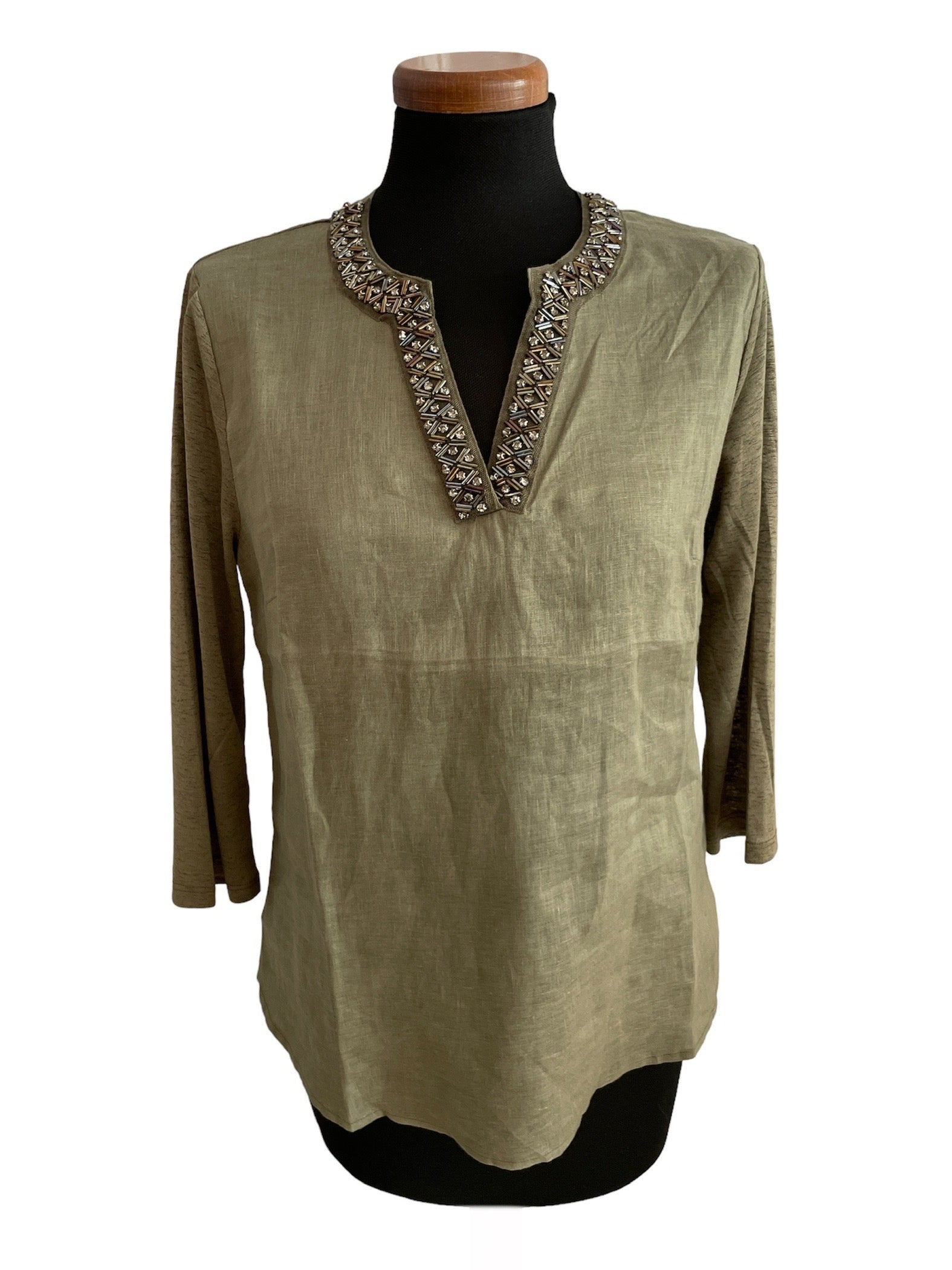 Linen Blend Beaded V-Neck Shirt