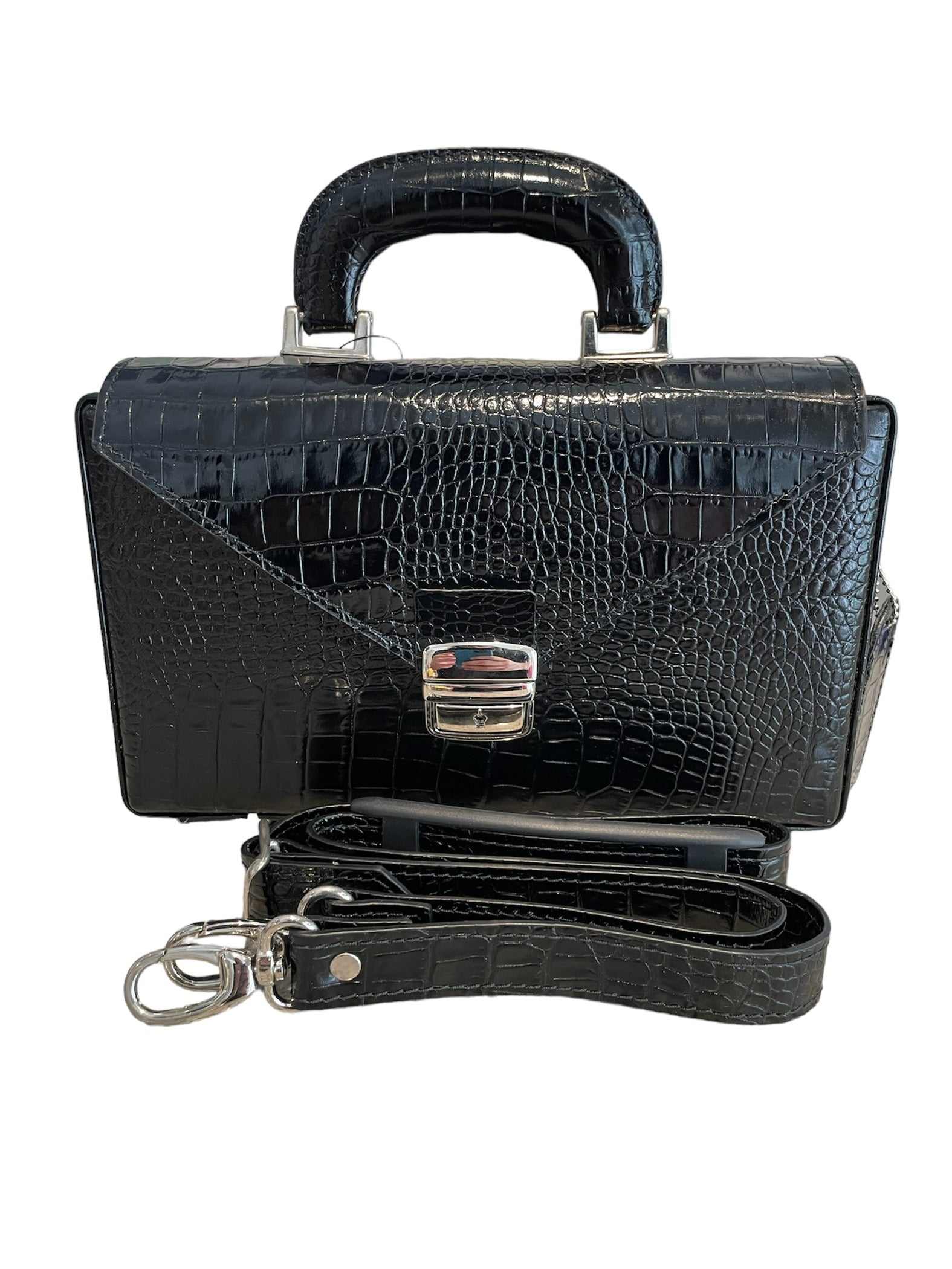 Elegant Briefcase BLACK COCCO PRINT Genuine leather with locks and shoulder strap