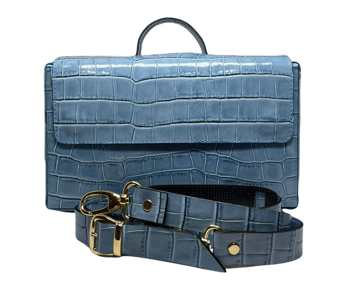 Classic Briefcase COCCO LIGHT BLUE leather with locks and shoulder