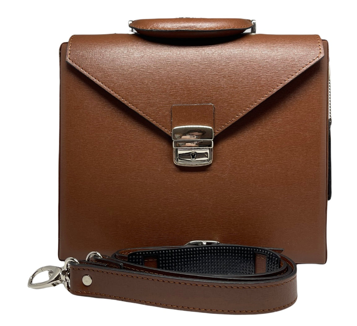 Elegant Briefcase BIG, BROWN, leather with locks and shoulder strap