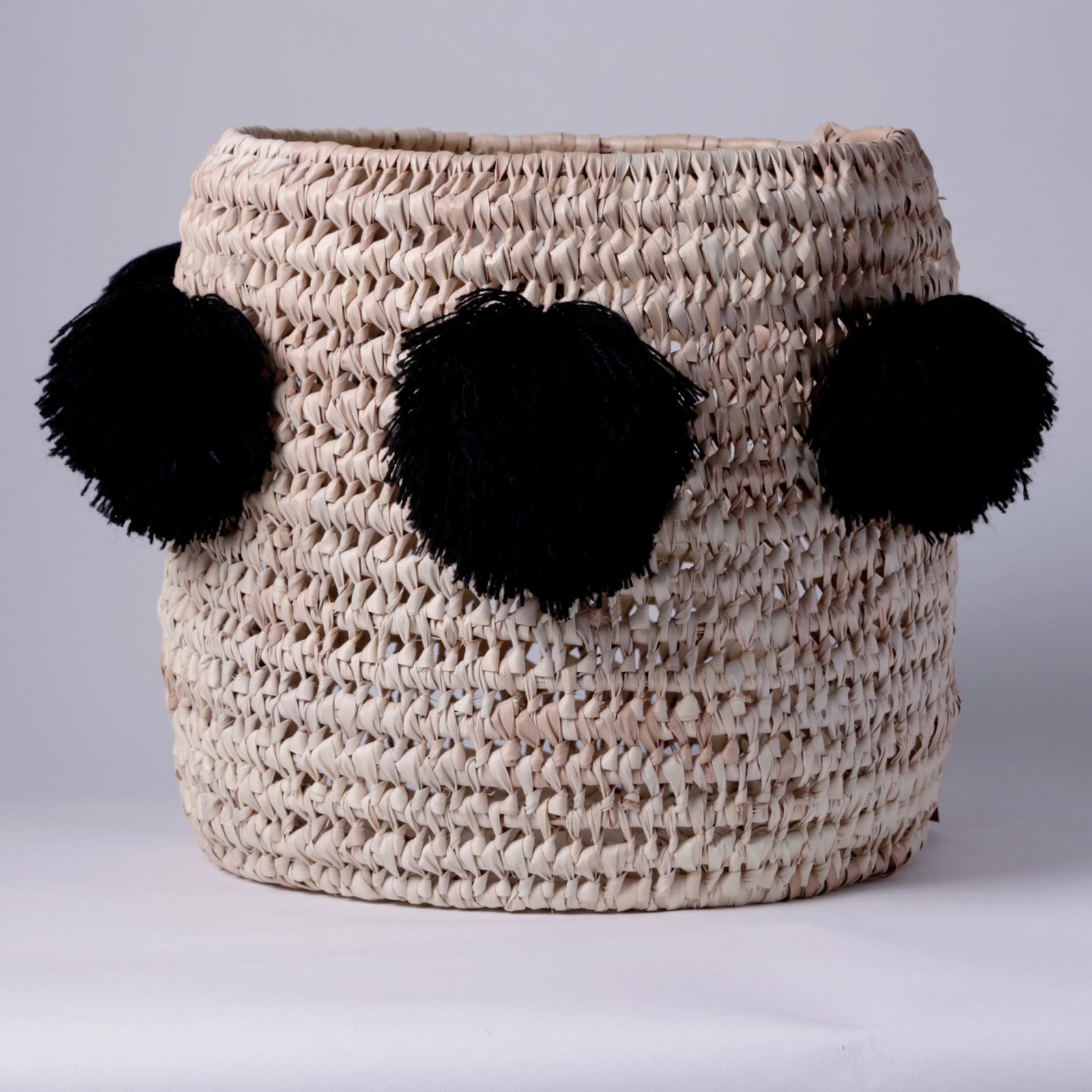 STRAW LAUNDRY BASKET, BLACK POM POM