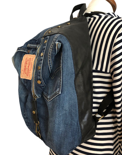 Studded Denim&Leather Backpack