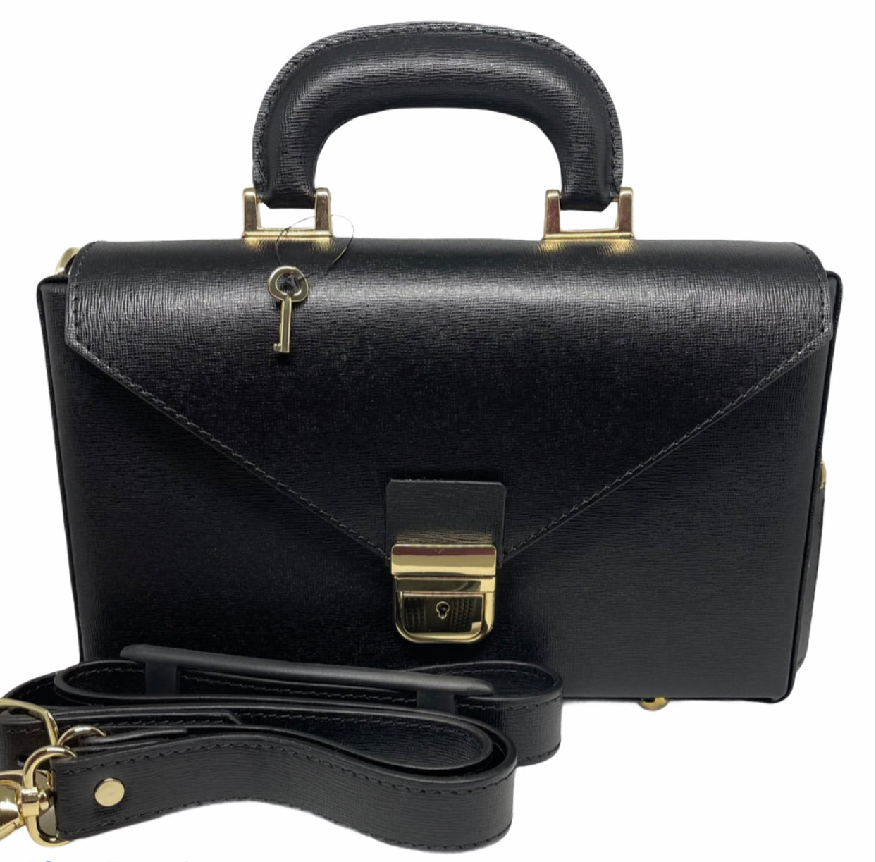 Elegant Briefcase BLACK, Genuine leather with silver or gold locks and shoulder strap